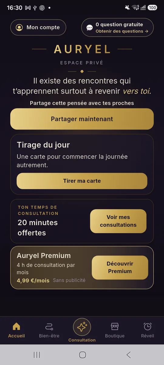 Écran d’accueil de l’application Auryel