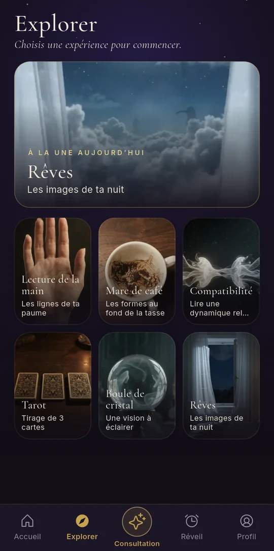 L’Explorer de l’application Auryel : tarot, main, café, rêves