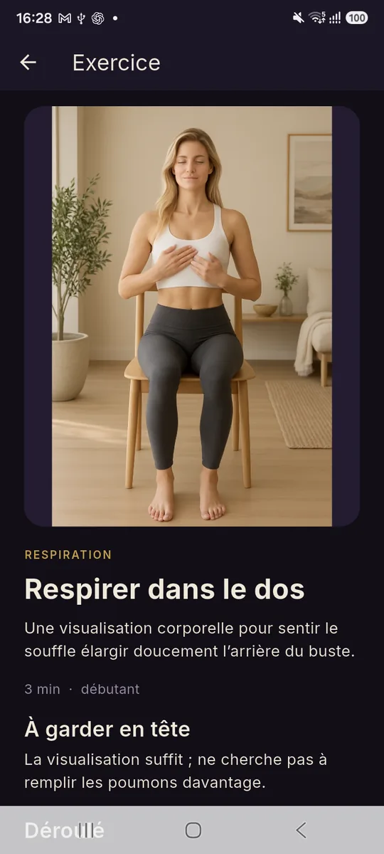 Détail d’un exercice de bien-être dans l’application Auryel